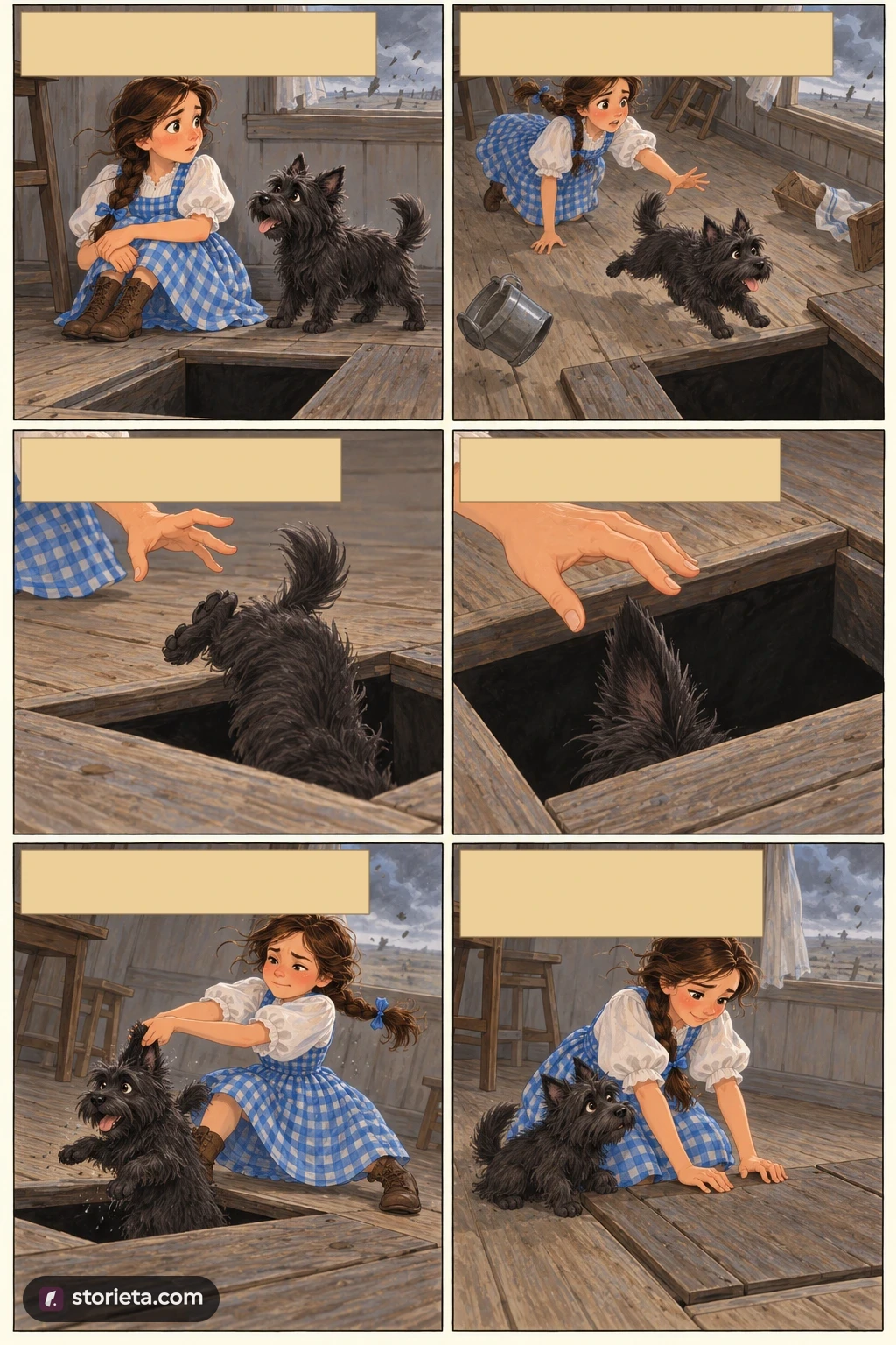 The Wonderful Wizard of Oz, illustrated page 6: It was very dark, and the wind howled horribly around her.