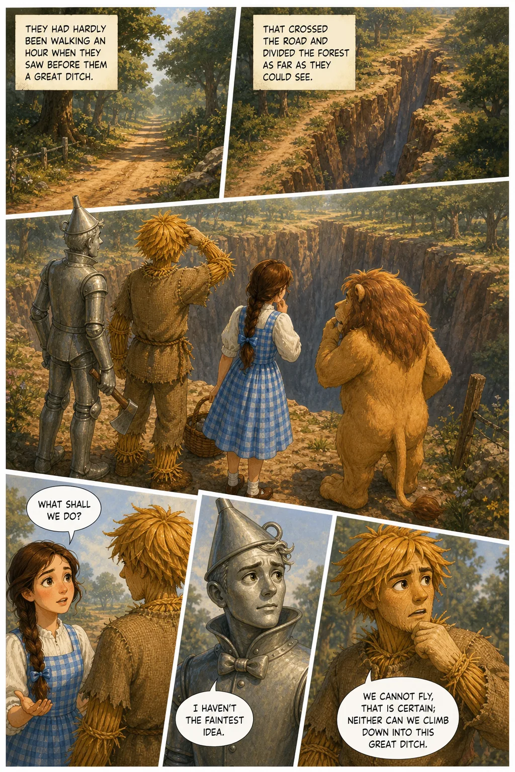 The Wonderful Wizard of Oz, illustrated page 51: They had hardly been walking an hour when they saw before them a great ditch