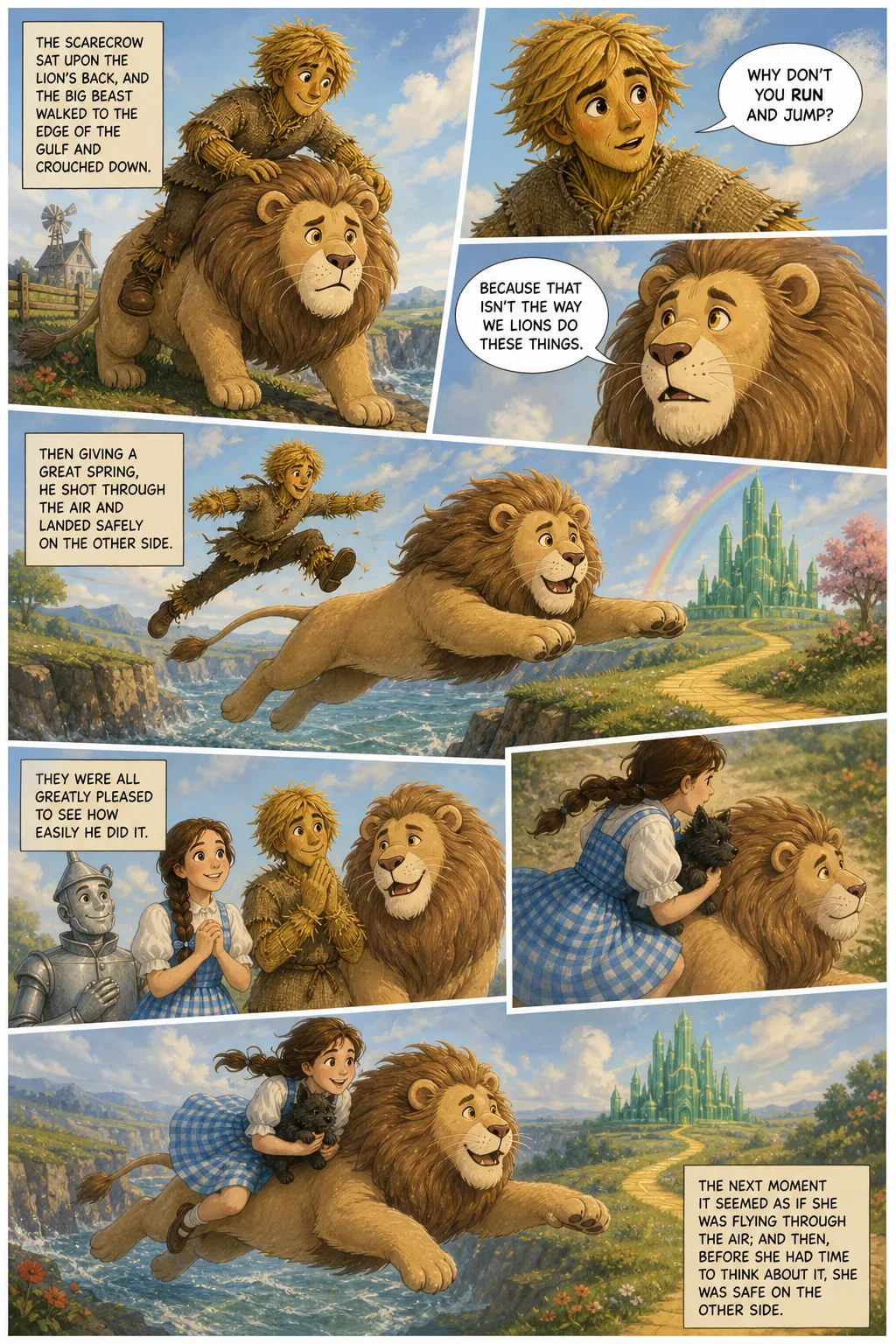 The Wonderful Wizard of Oz, illustrated page 53: The Scarecrow sat upon the Lion's back, and the big beast walked to the edge of the gulf and crouched down.