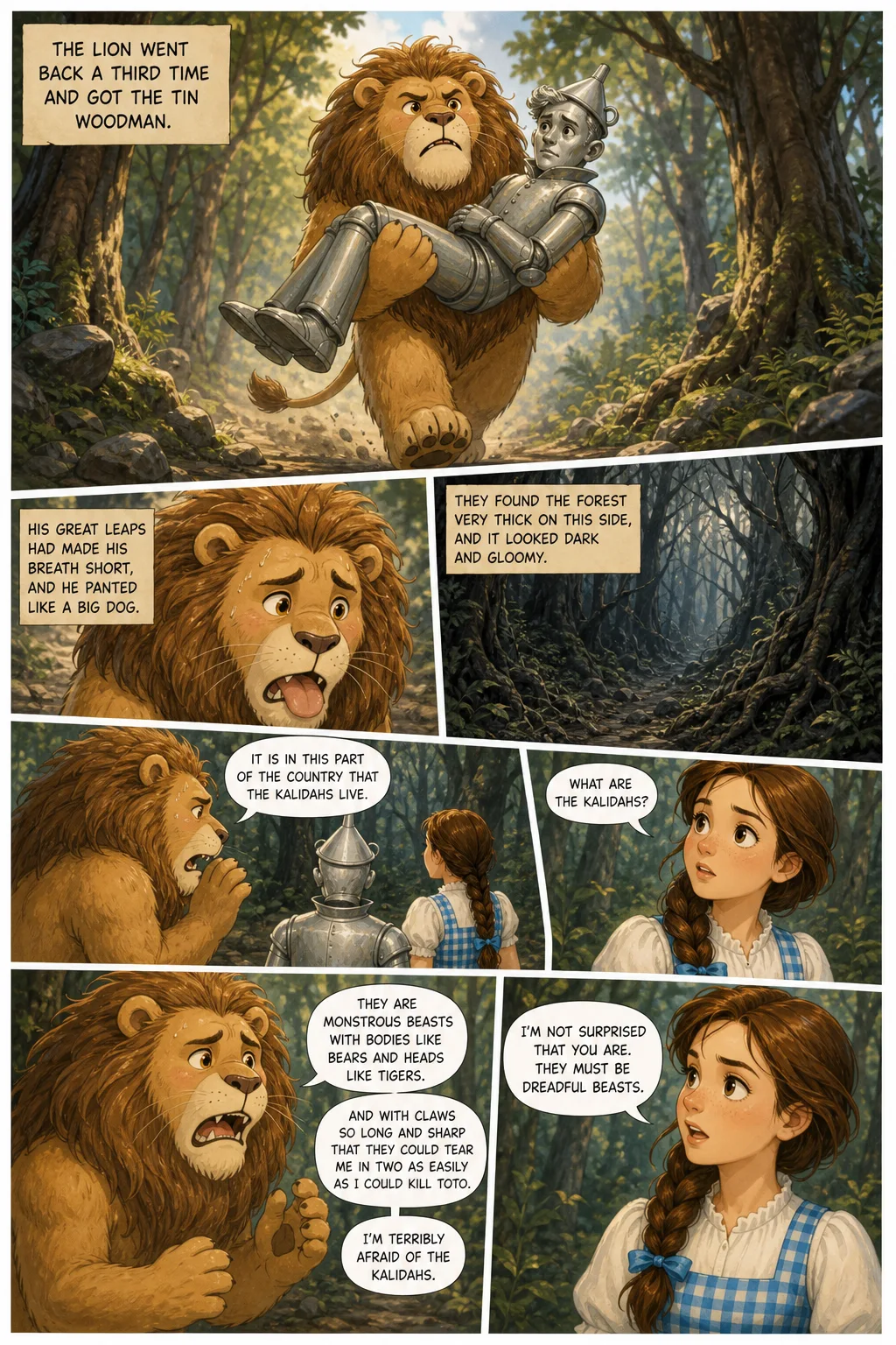 The Wonderful Wizard of Oz, illustrated page 54: The Lion went back a third time and got the Tin Woodman,