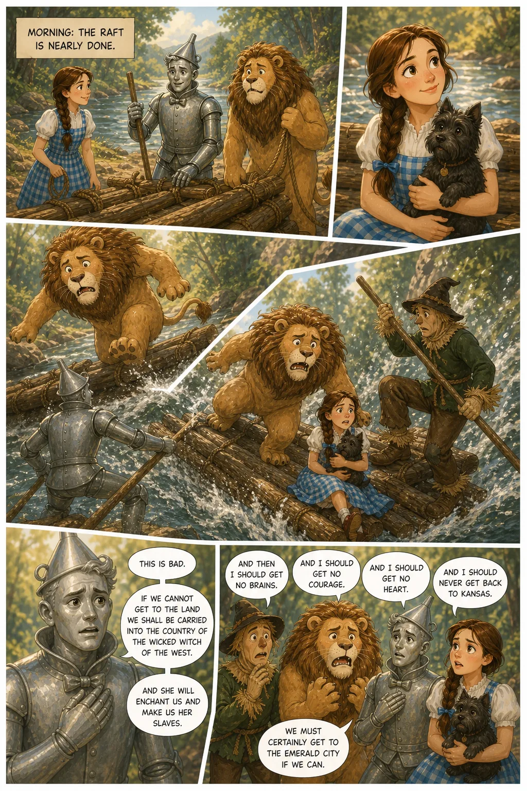 The Wonderful Wizard of Oz, illustrated page 57: Morning: the raft is nearly done.