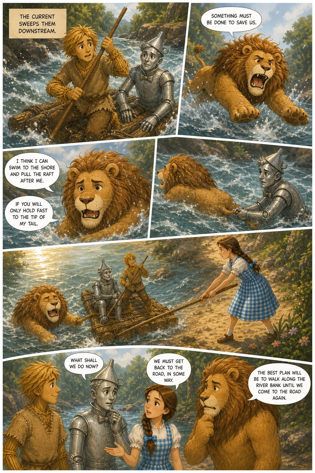 The Wonderful Wizard of Oz, illustrated page 58: The current sweeps them downstream.