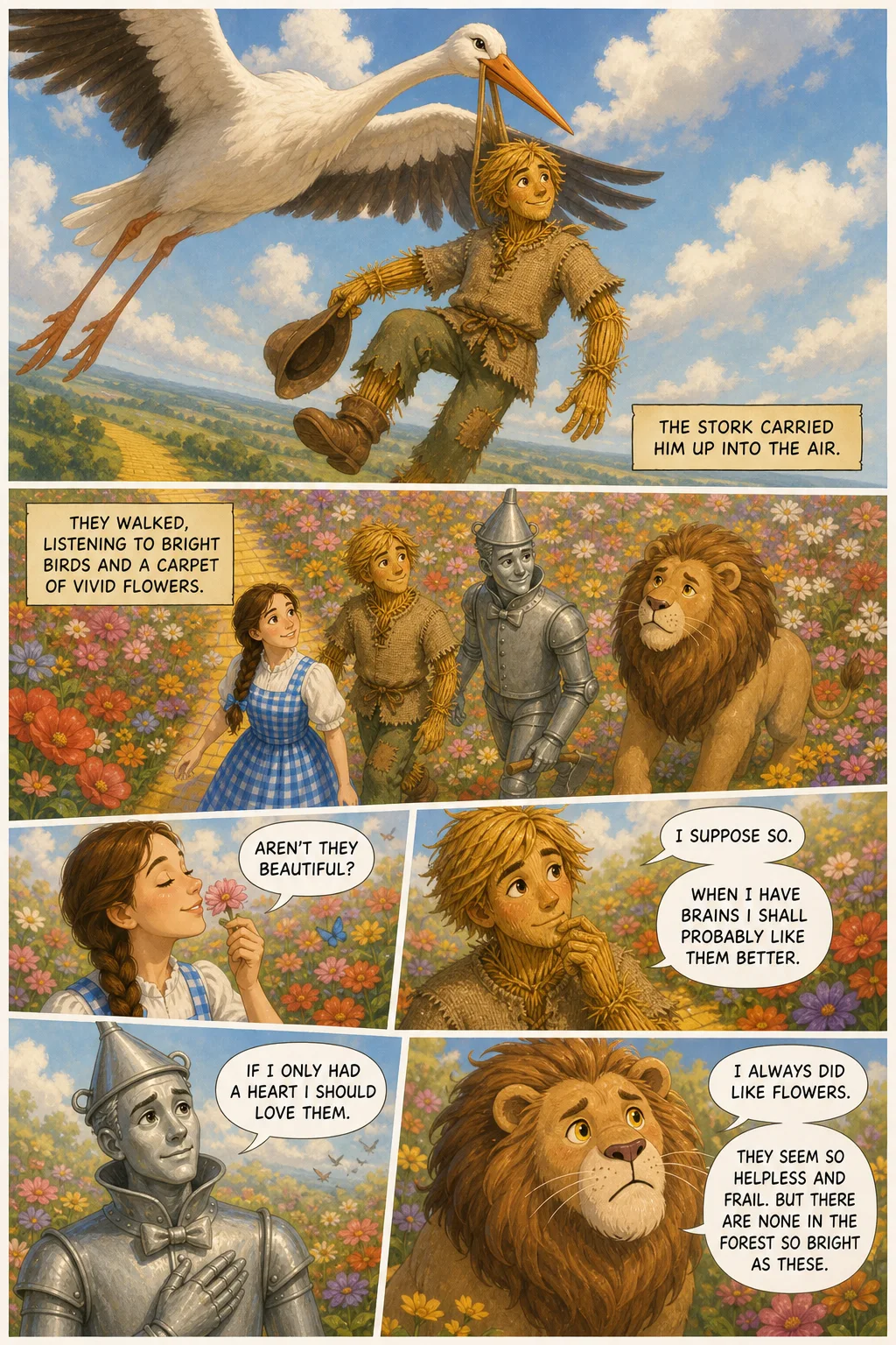 The Wonderful Wizard of Oz, illustrated page 60: The Stork carried him up into the air.