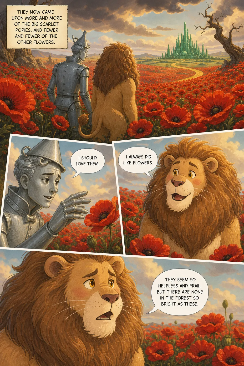 The Wonderful Wizard of Oz, illustrated page 61: They now came upon more and more of the big scarlet poppies, and fewer and fewer of the other flowers.