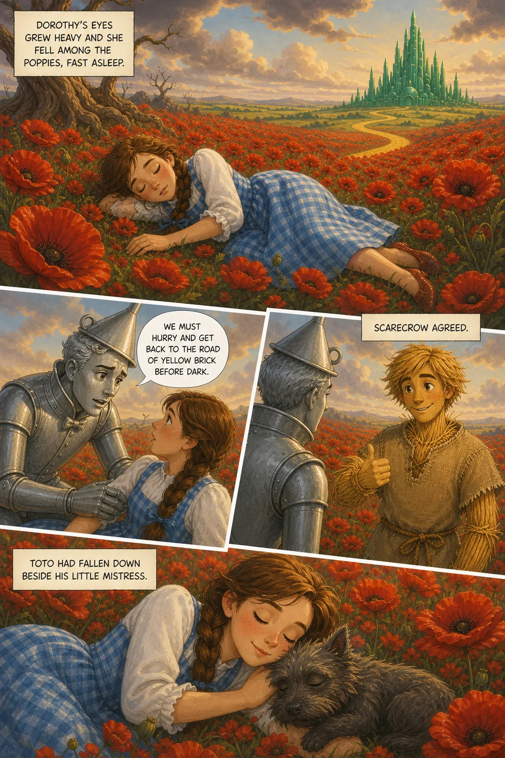 The Wonderful Wizard of Oz, illustrated page 62: Dorothy's eyes grew heavy and she fell among the poppies, fast asleep.