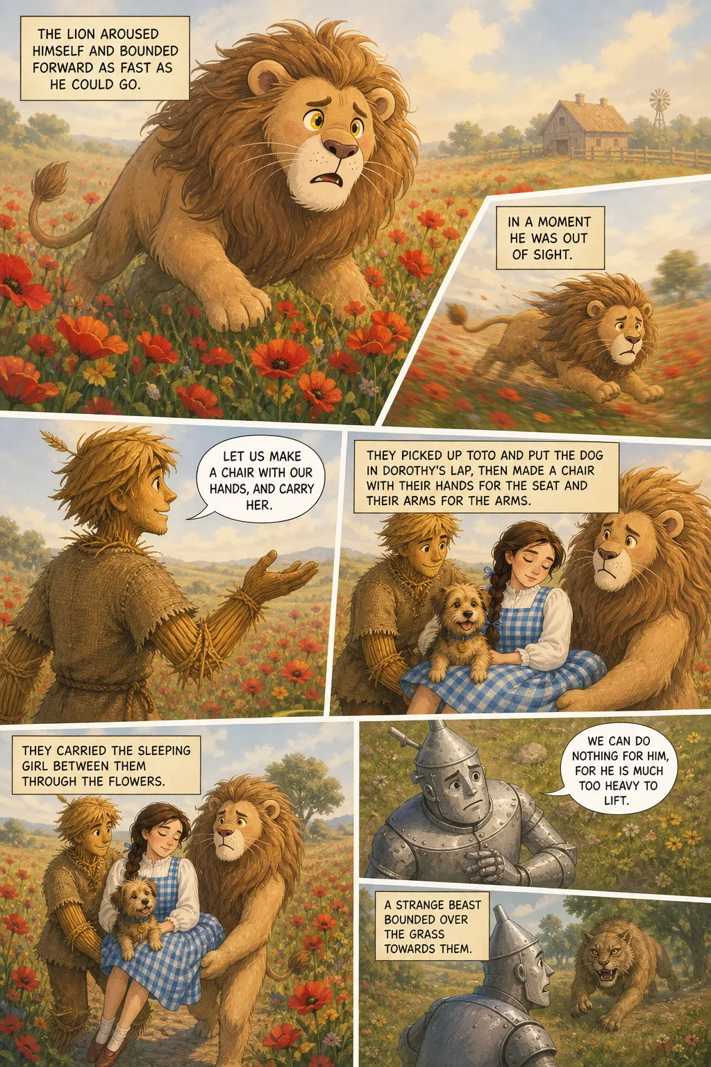 The Wonderful Wizard of Oz, illustrated page 64: The Lion aroused himself and bounded forward as fast as he could go.