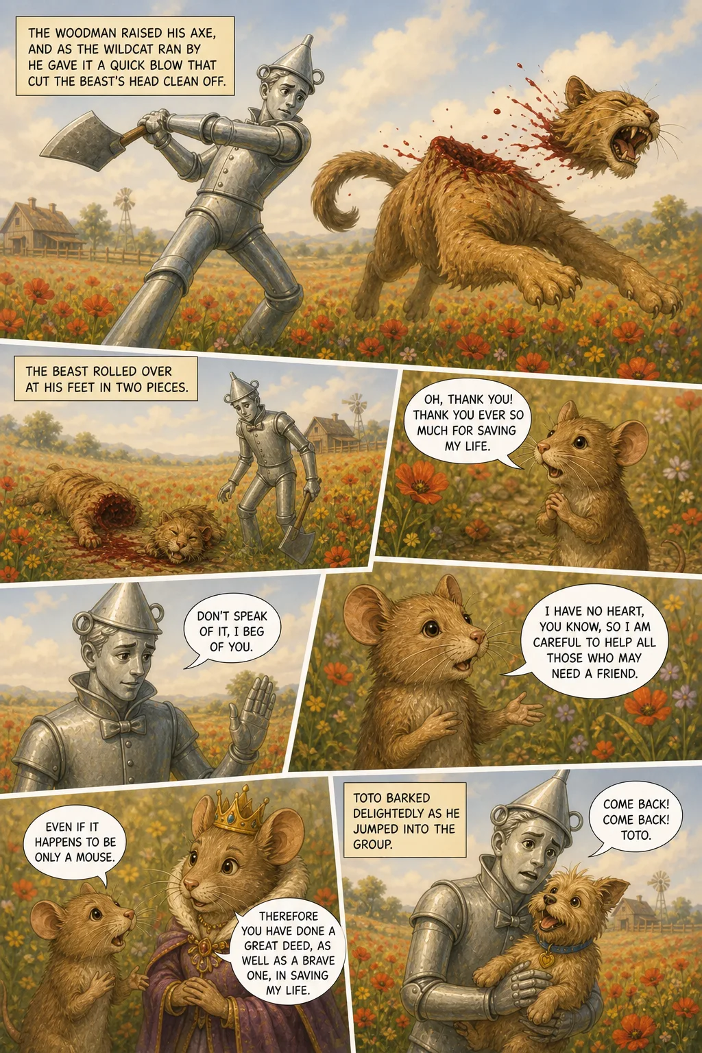 The Wonderful Wizard of Oz, illustrated page 65: The Woodman raised his axe, and as the wildcat ran by he gave it a quick blow that cut the beast's head clean off.