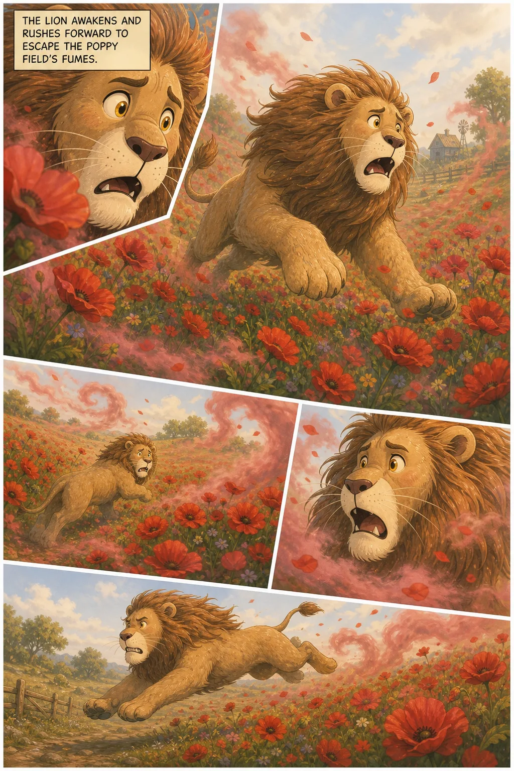 The Wonderful Wizard of Oz, illustrated page 66: The Lion awakens and rushes forward to escape the poppy field’s fumes.