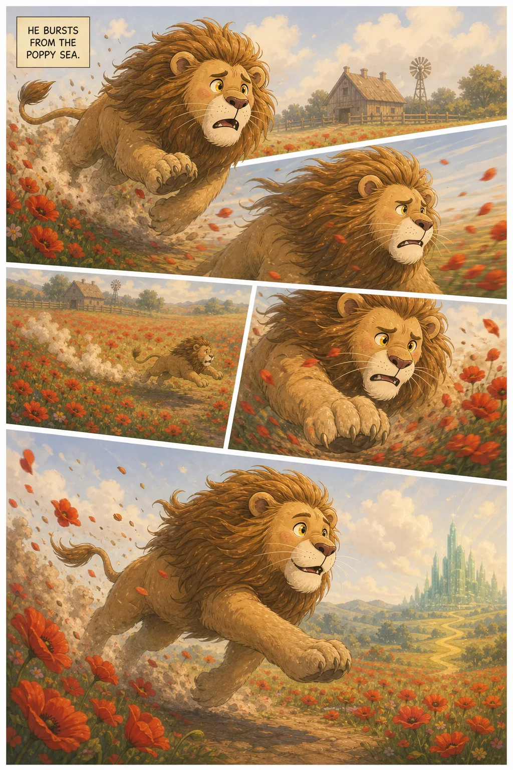 The Wonderful Wizard of Oz, illustrated page 67: He bursts from the poppy sea.