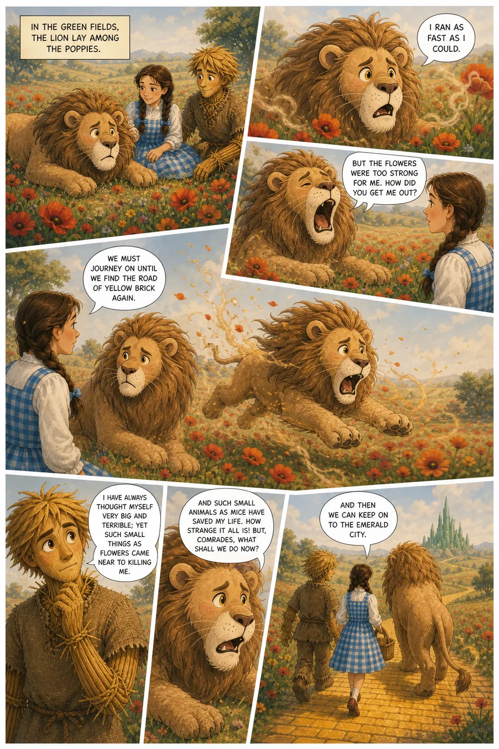 The Wonderful Wizard of Oz, illustrated page 68: In the green fields, the Lion lay among the poppies.