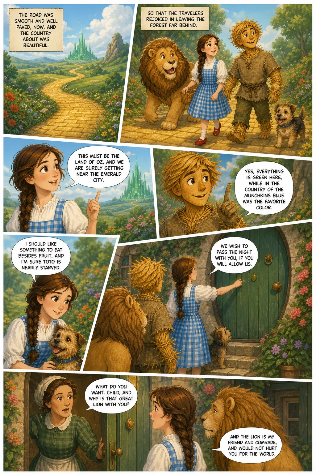 The Wonderful Wizard of Oz, illustrated page 69: The road was smooth and well paved, now, and the country about was beautiful;