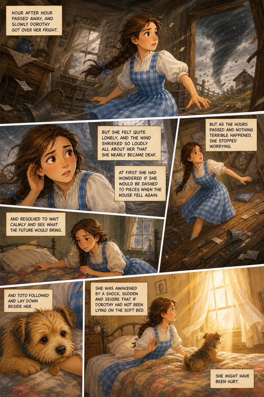 The Wonderful Wizard of Oz, illustrated page 8: Hour after hour passed away, and slowly Dorothy got over her fright;