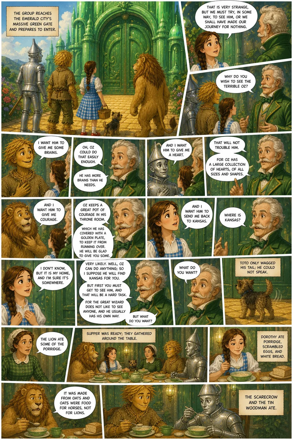 The Wonderful Wizard of Oz, illustrated page 71: The group reaches the Emerald City’s massive green gate and prepares to enter.