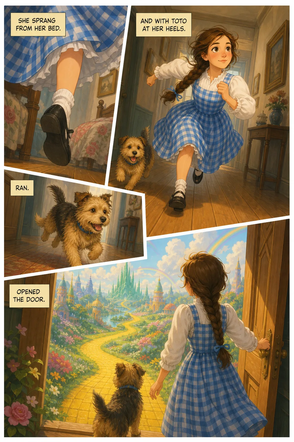 The Wonderful Wizard of Oz, illustrated page 9: She sprang from her bed
