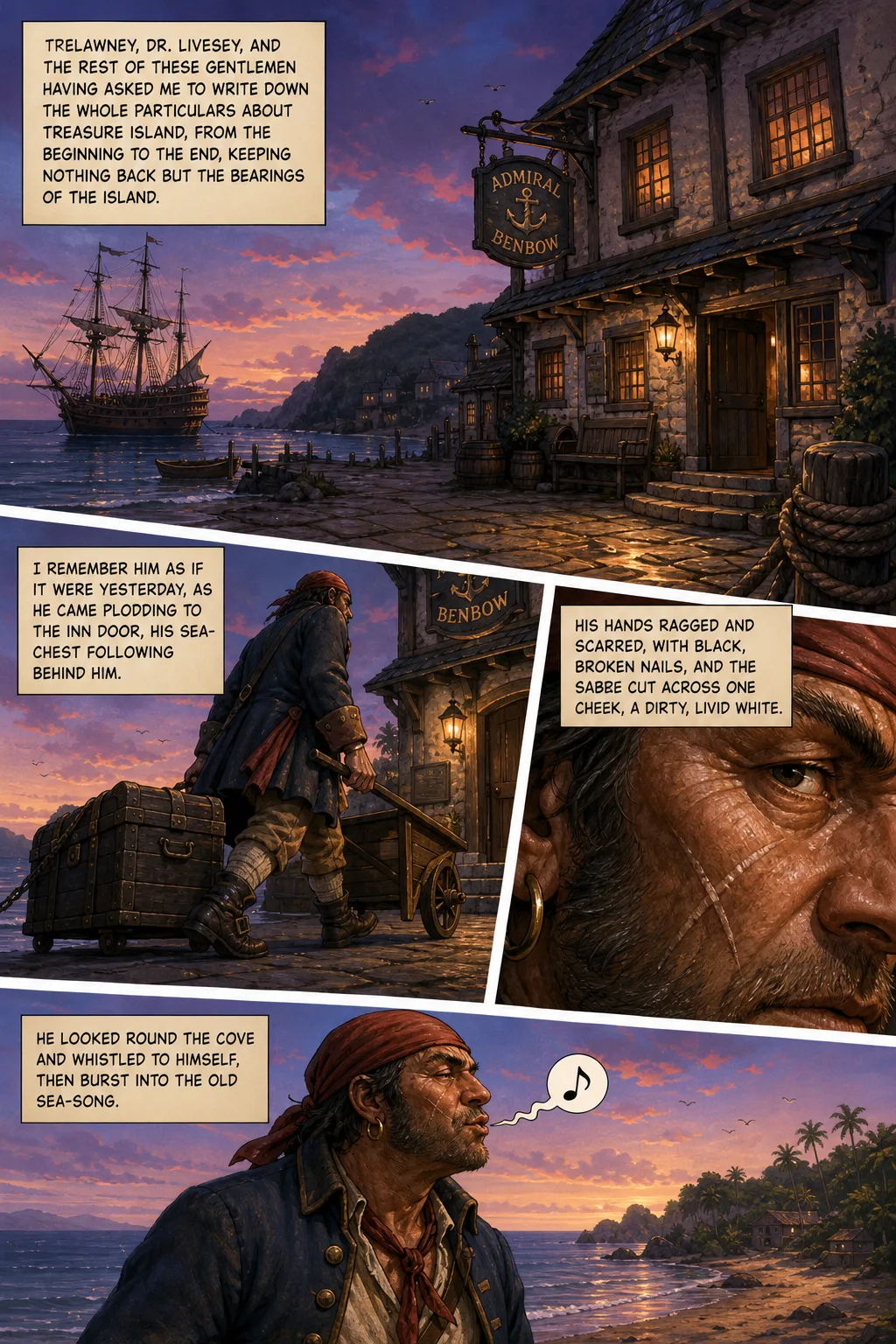 Treasure Island, illustrated page 1: Trelawney, Dr. Livesey, and the rest of these gentlemen having asked me to write down the whole particulars about Treasure Island, from the beginning to the ...