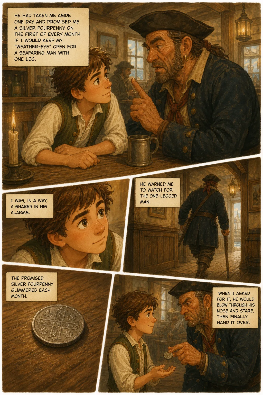 Treasure Island, illustrated page 4: He had taken me aside one day and promised me a silver fourpenny on the first of every month if I would keep my ‘weather‑eye’ open for a seafaring man with o...