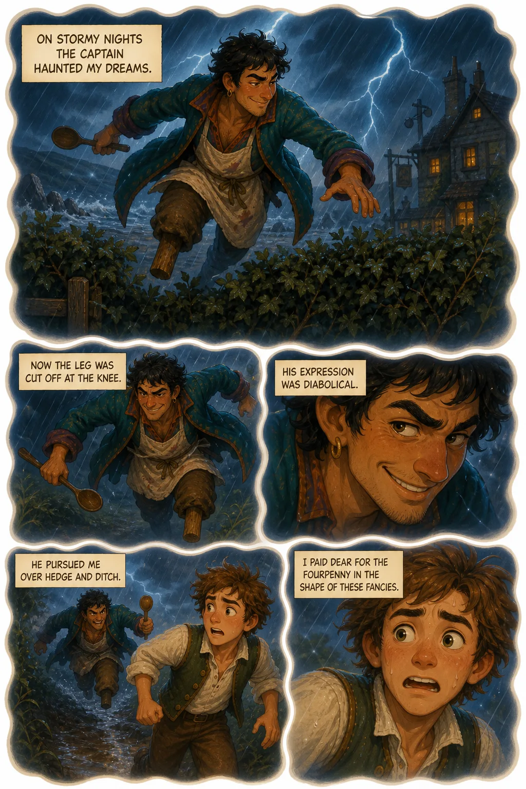 Treasure Island, illustrated page 5: On stormy nights the captain haunted my dreams.