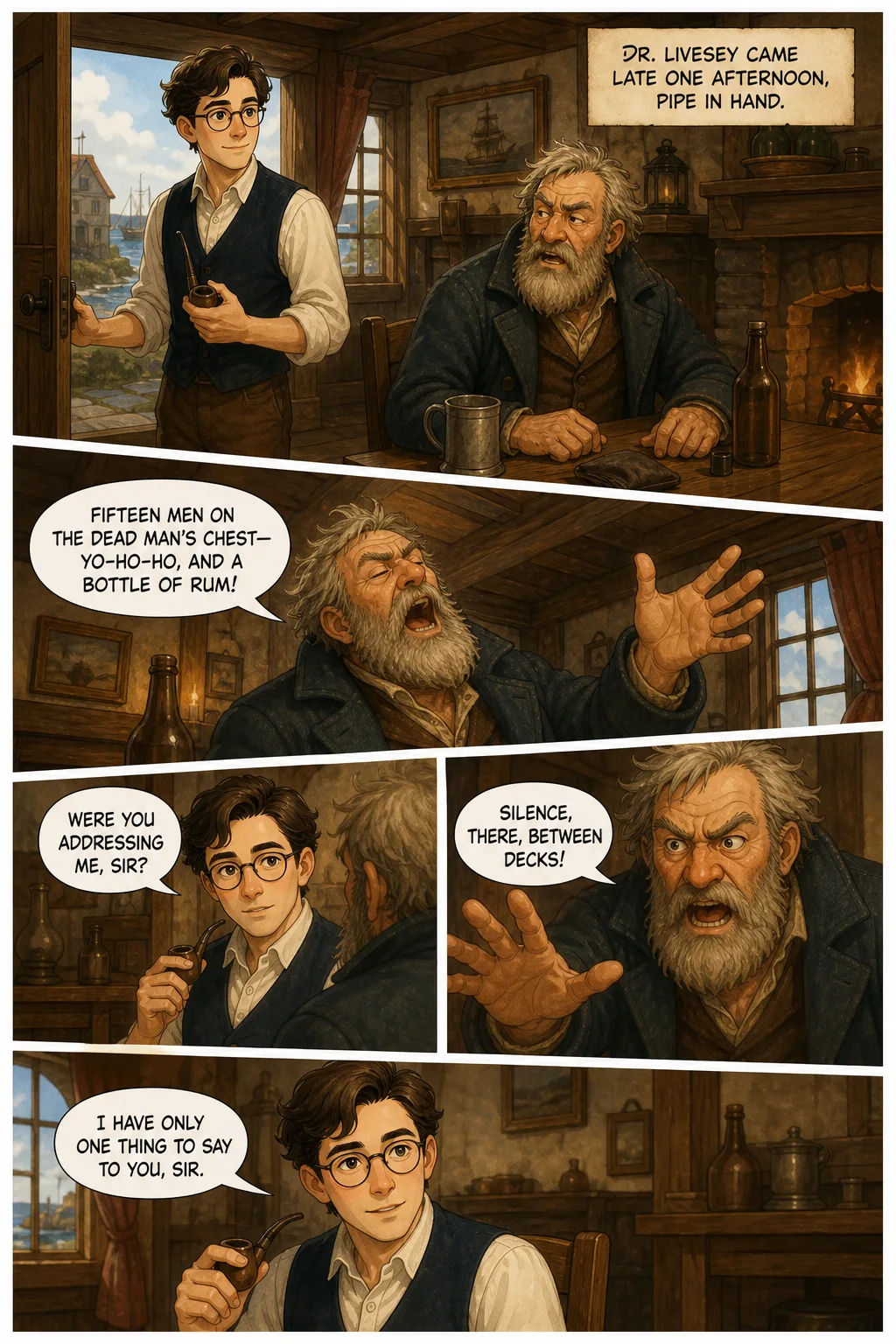 Treasure Island, illustrated page 6: Dr. Livesey came late one afternoon, pipe in hand.