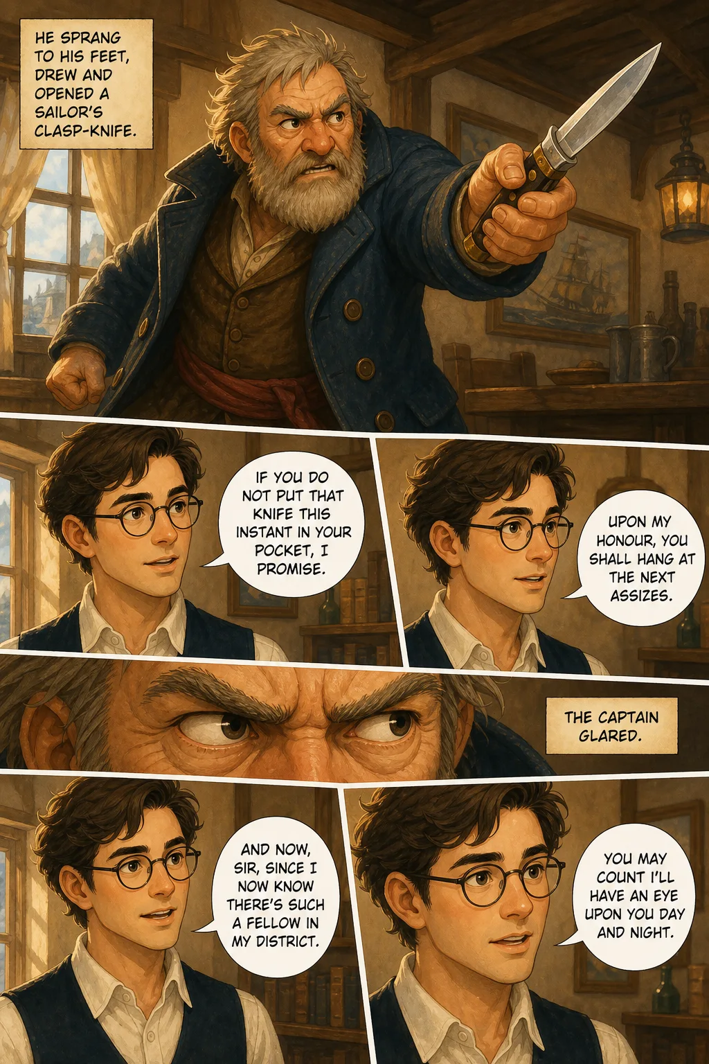 Treasure Island, illustrated page 7: He sprang to his feet, drew and opened a sailor’s clasp‑knife.