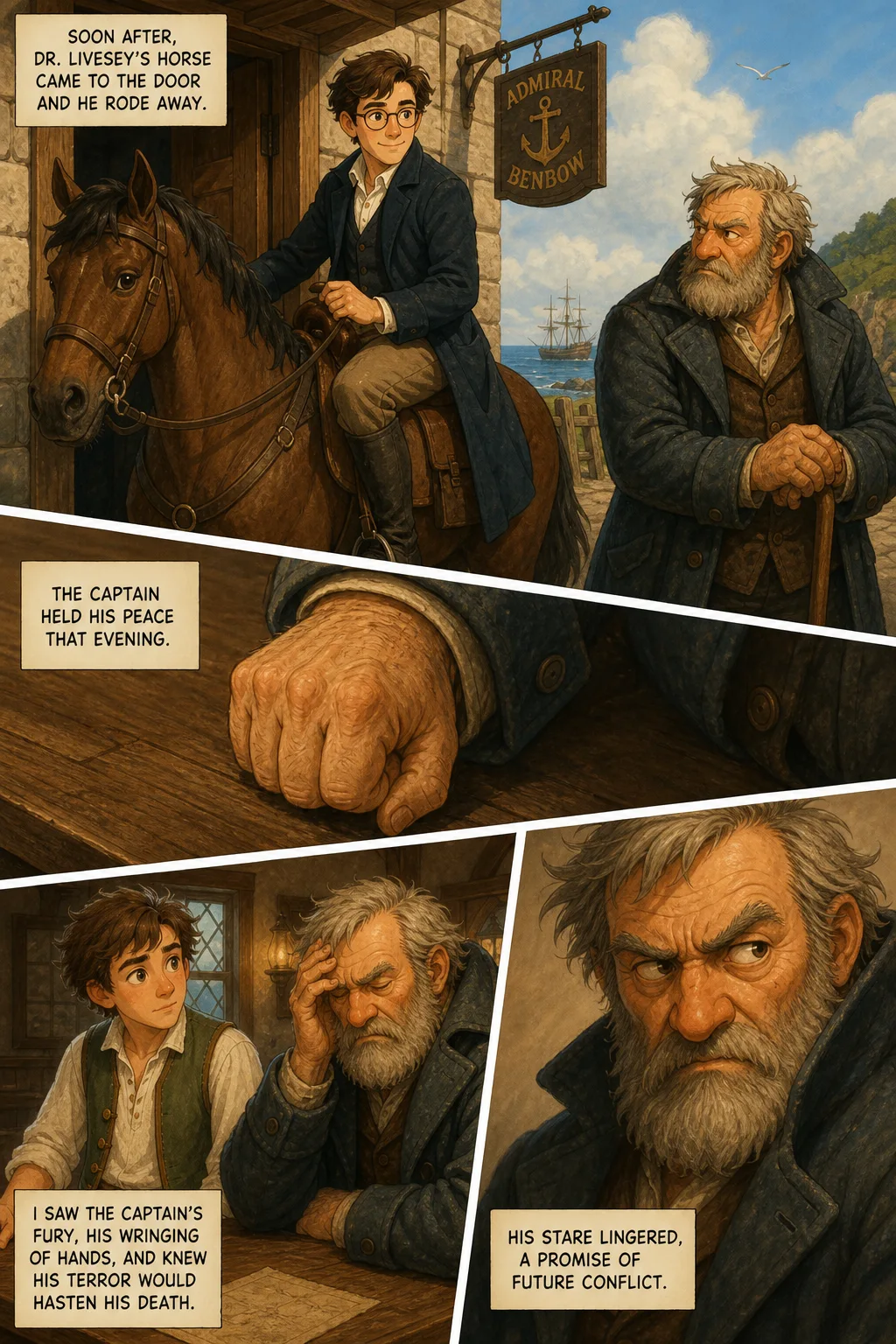 Treasure Island, illustrated page 8: Soon after, Dr. Livesey’s horse came to the door and he rode away.