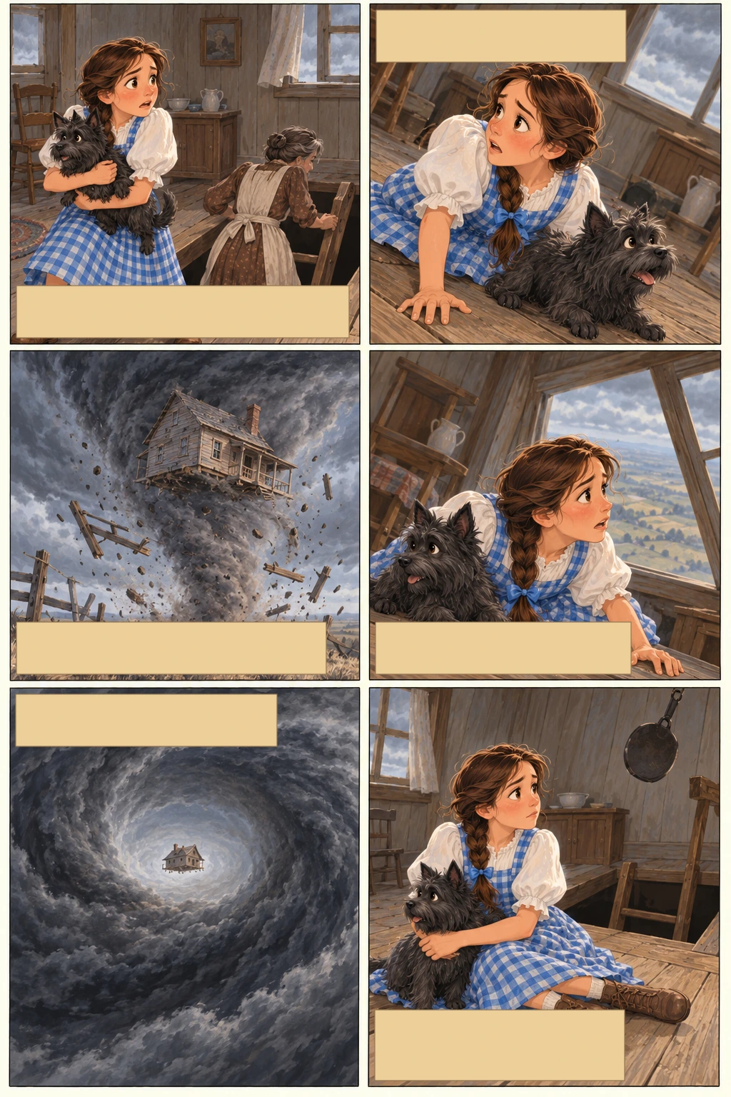 El maravilloso mago de Oz, página 5: A mitad de la habitación, Dorothy oyó un gran chillido del viento.