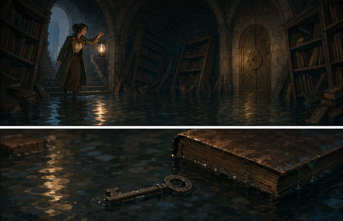 A comic scene of a reader exploring a flooded library by lantern light