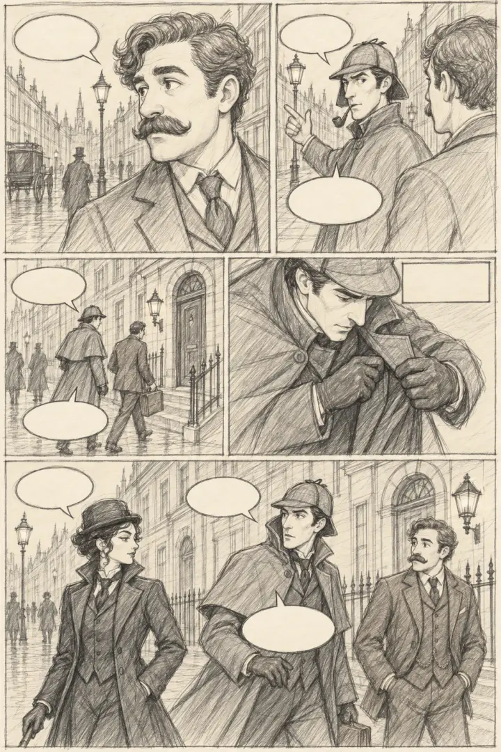 Pencil storyboard of the same page: five panels roughed in, with empty balloons where the words will go
