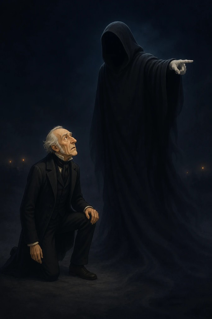 Scrooge before the last Christmas ghost