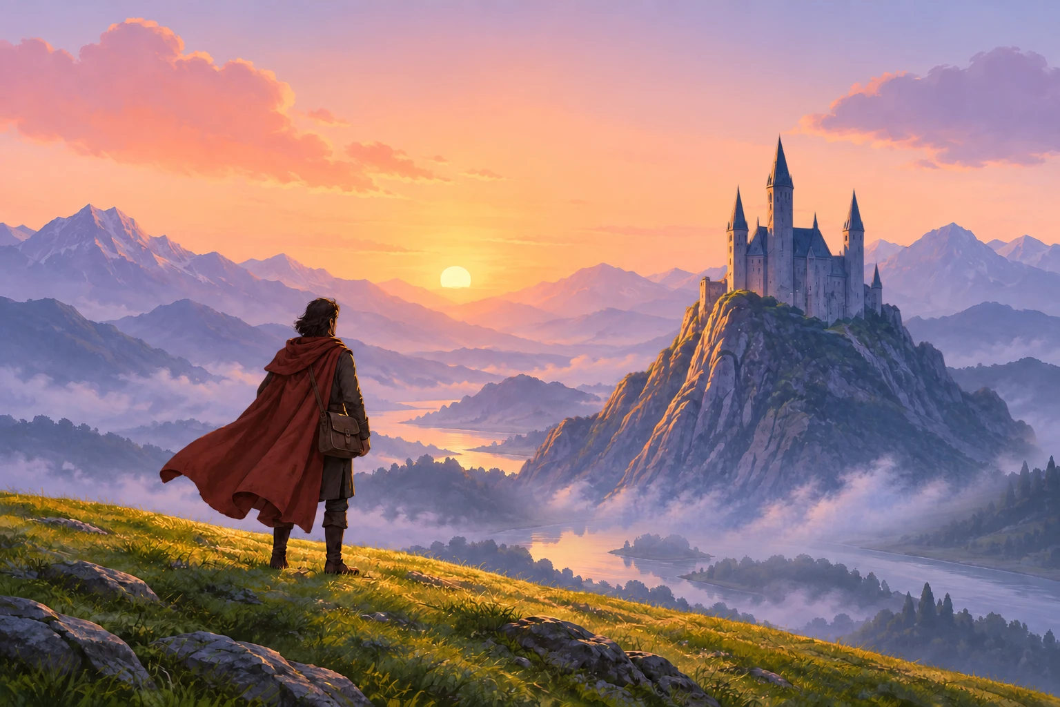 A traveller looks across a misty valley toward a castle at dawn.
