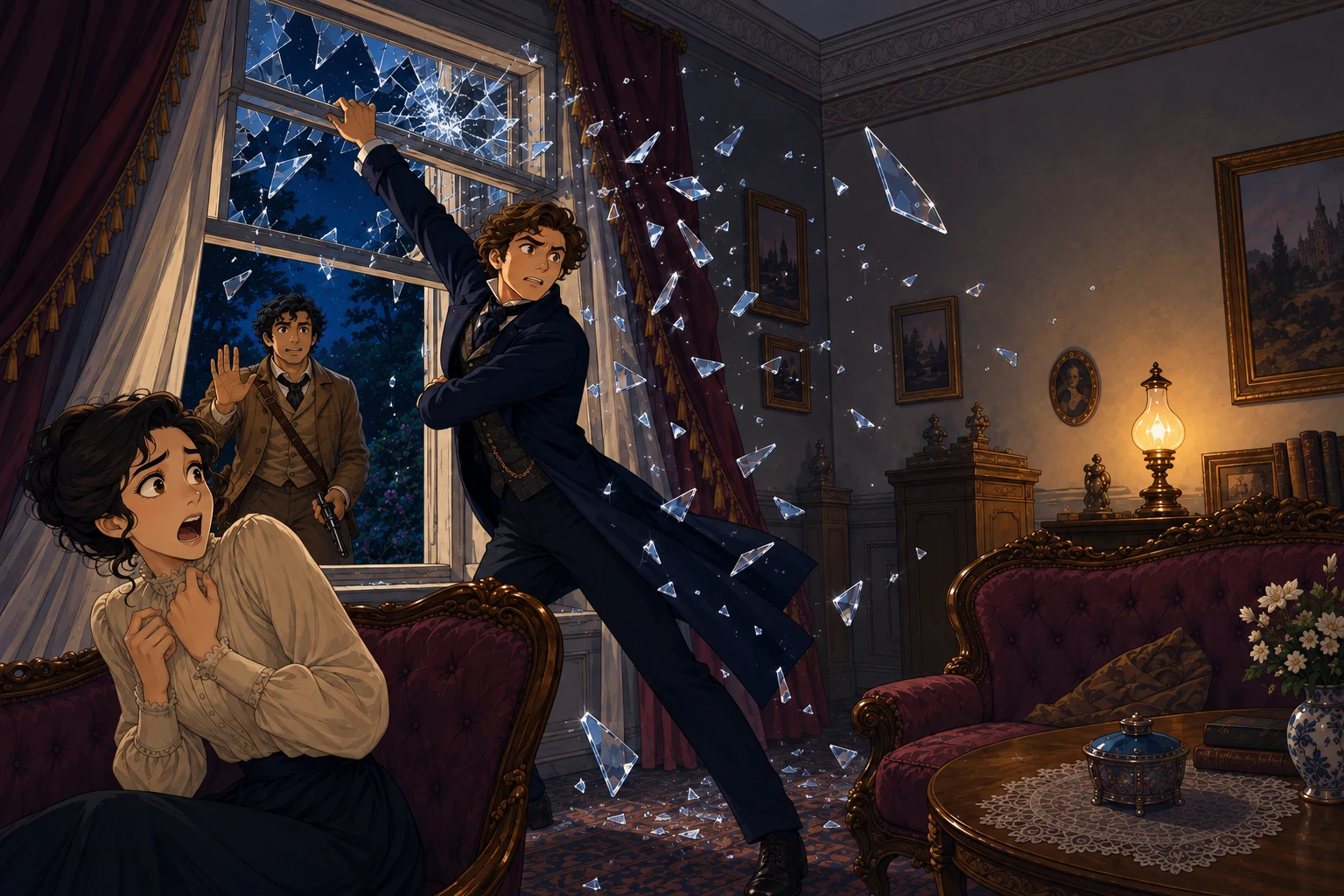 A window breaking into a lamplit drawing room, from Dracula.