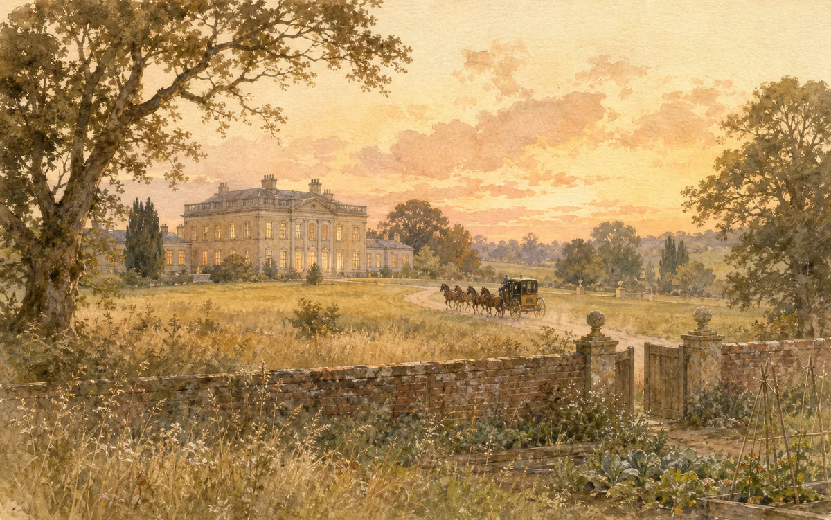An illustrated carriage approaching Netherfield at sunset