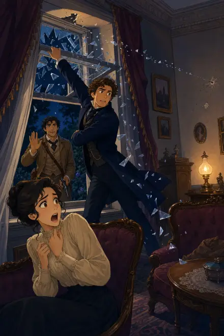 A window breaking into a lamplit drawing room, from Dracula.