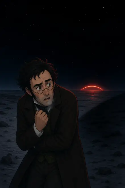 The Time Traveller on the shore of a dying earth, from The Time Machine.