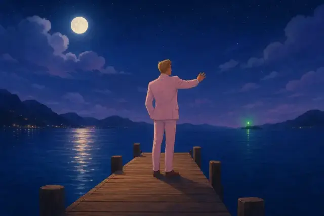 A man reaches across dark water toward a distant green light, from The Great Gatsby.
